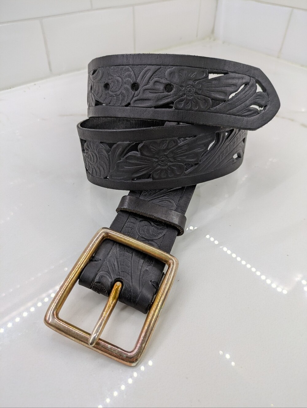 Black Hand Tooled Floral Scroll Cut Out Leather Wide Belt Gold Buckle Women's M